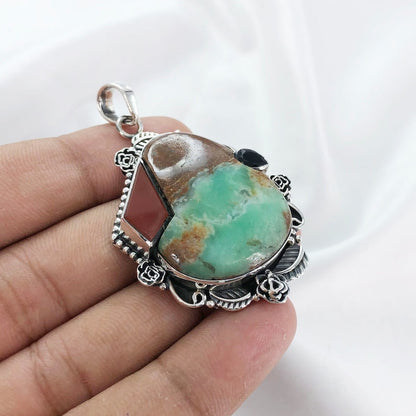 925 Sterling Silver Natural Chrysoprase Gemstone Pendant Multi Gemstone Pendant Gift For Her