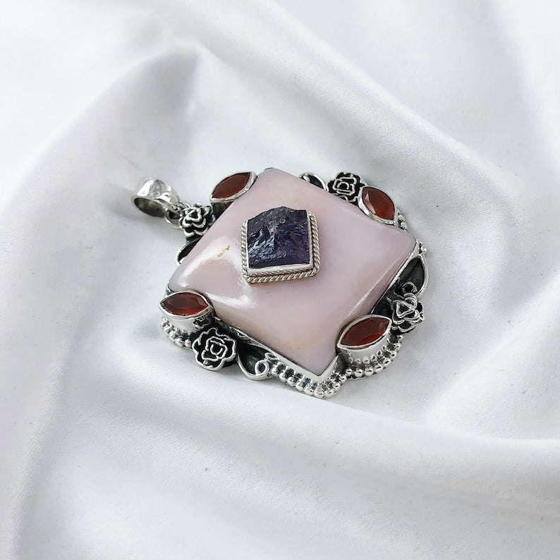 925 Sterling Silver Pink Opal Pendant Carnelian and Amethyst Gemstone Statement Pendant Gift For Her