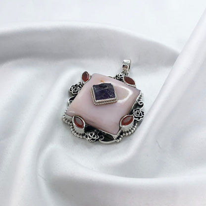 925 Sterling Silver Pink Opal Pendant Carnelian and Amethyst Gemstone Statement Pendant Gift For Her