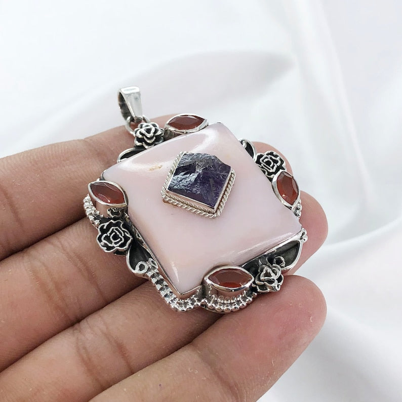 925 Sterling Silver Pink Opal Pendant Carnelian and Amethyst Gemstone Statement Pendant Gift For Her