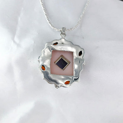 925 Sterling Silver Pink Opal Pendant Carnelian and Amethyst Gemstone Statement Pendant Gift For Her