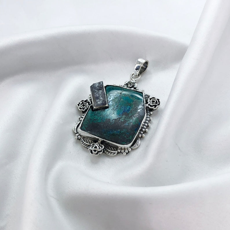 Chrysocolla Gemstone 925 Sterling Silver Chrysocolla and Raw Amethyst Pendant Special Gift For Her