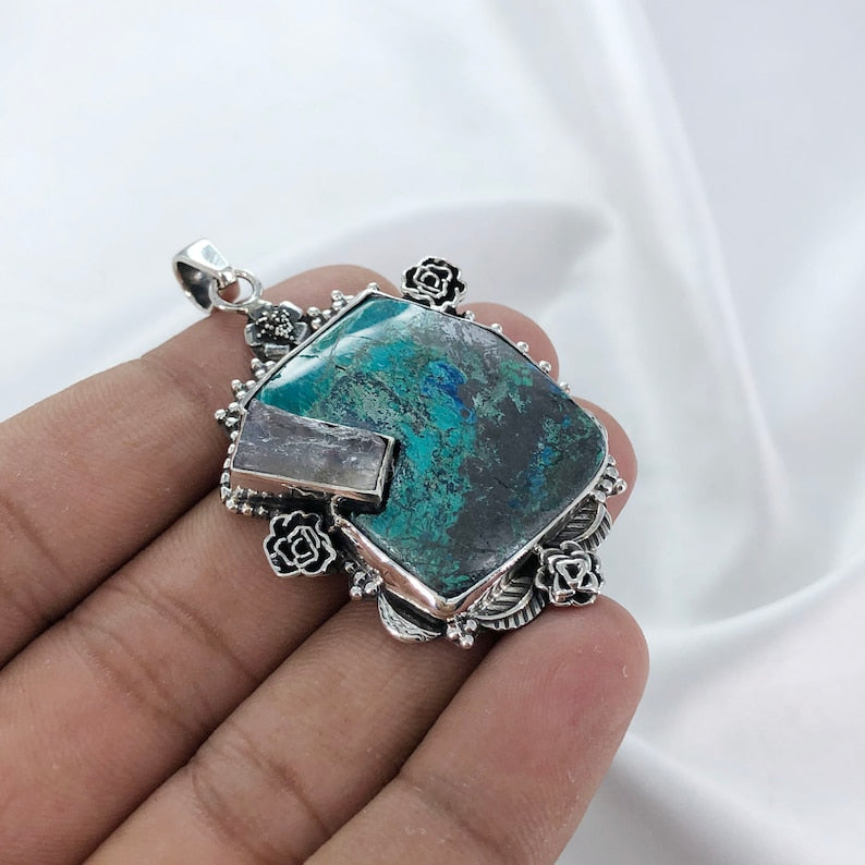 Chrysocolla Gemstone 925 Sterling Silver Chrysocolla and Raw Amethyst Pendant Special Gift For Her