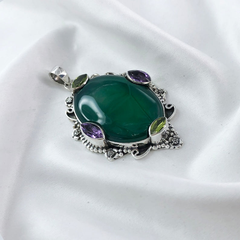 Natural Green Onyx Gemstone 925 Sterling Silver Boho Pendant Gift For Her