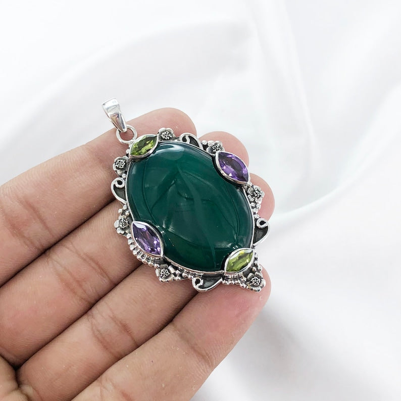 Natural Green Onyx Gemstone 925 Sterling Silver Boho Pendant Gift For Her