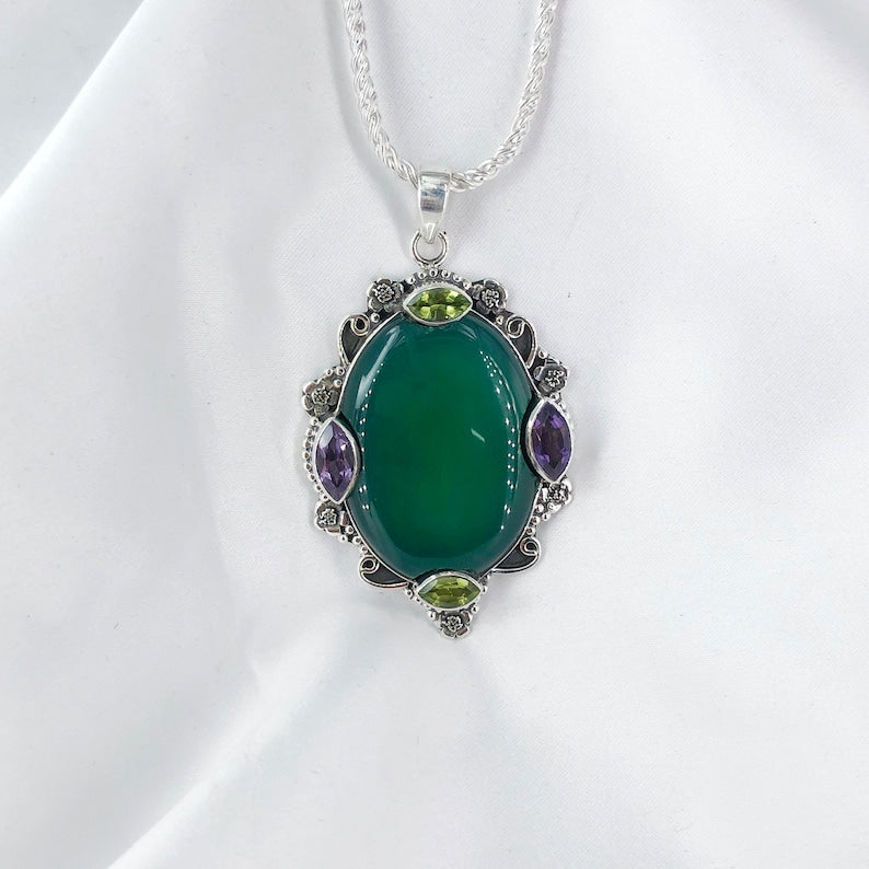 Natural Green Onyx Gemstone 925 Sterling Silver Boho Pendant Gift For Her