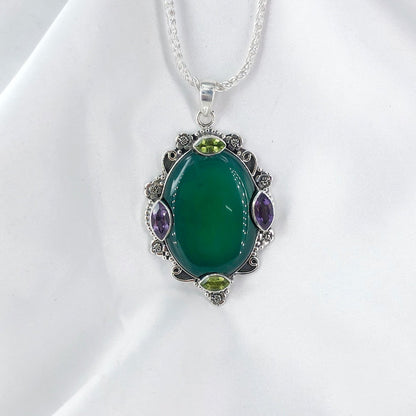 Natural Green Onyx Gemstone 925 Sterling Silver Boho Pendant Gift For Her