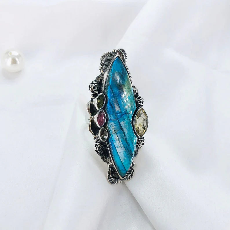 925 Sterling Silver Labradorite Gemstone Boho Statement Women Multi Gemstone Ring Gift For Her