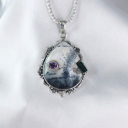 Dendrite Opal 925 Sterling Silver Pendant Raw Amethyst Pendant Green Onyx Pendant Jewelry Gift For Her