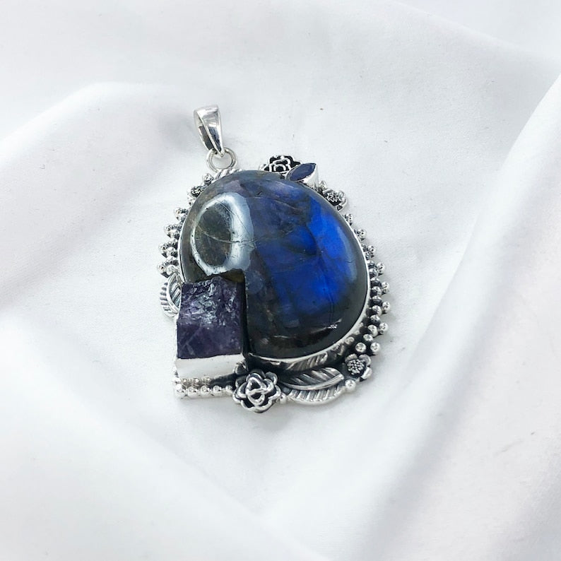 Labradorite Pendant 925 Sterling Silver Pendant Amethyst and Labradorite Gemstone Pendant Gift For Her