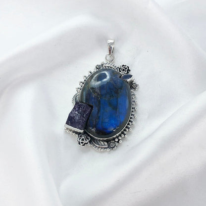 Labradorite Pendant 925 Sterling Silver Pendant Amethyst and Labradorite Gemstone Pendant Gift For Her