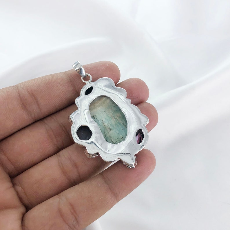 Natural Amazonite Gemstone 925 Sterling Silver Pendant Multi Stone Statement Pendant