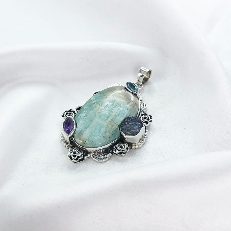 Natural Amazonite Gemstone 925 Sterling Silver Pendant Multi Stone Statement Pendant