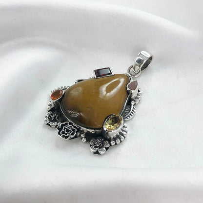 Multi Gemstone Pendant 925 Sterling Silver Tiger Eye Gemstone Women's Pendant