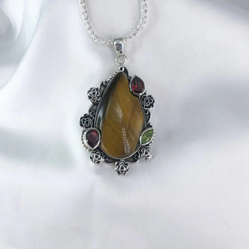 Multi Gemstone Pendant 925 Sterling Silver Tiger Eye Gemstone Women's Pendant