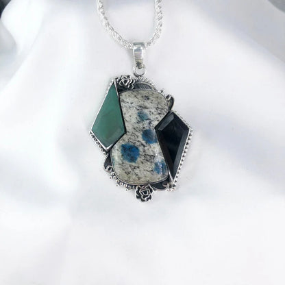 Natural K2 Jasper, Green Onyx and Black Onyx 925 Sterling Silver Pendant Gift For Her