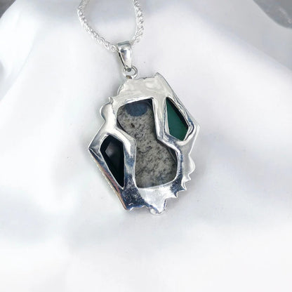 Natural K2 Jasper, Green Onyx and Black Onyx 925 Sterling Silver Pendant Gift For Her