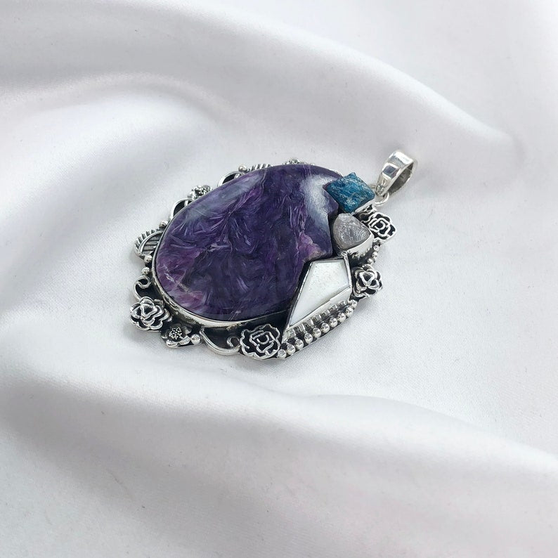 925 Sterling Silver Charoite Pendant Multi Gemstone Statement Pendant