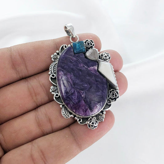 925 Sterling Silver Charoite Pendant Multi Gemstone Statement Pendant