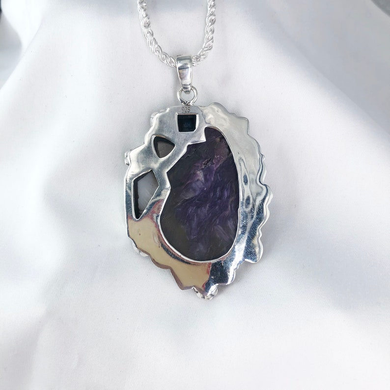 925 Sterling Silver Charoite Pendant Multi Gemstone Statement Pendant