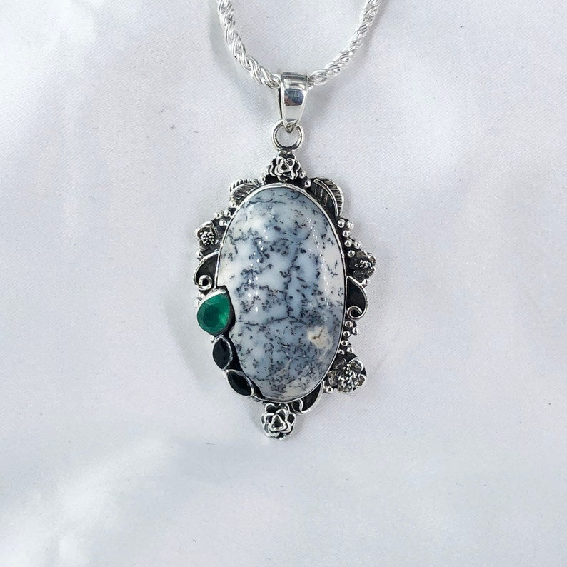 Natural Unique Dendrite Opal Pendant 925 Sterling Silver Black Onyx and Green Onyx Pendant