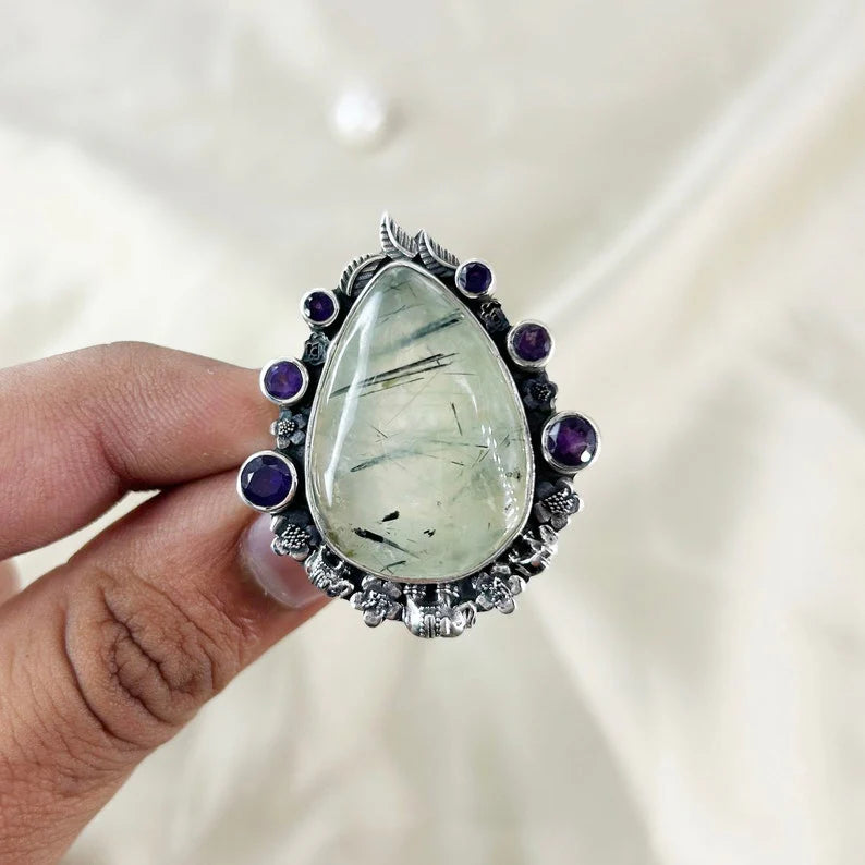 Natural Prehnite & Amethyst Ring Gemstone Statement Ring