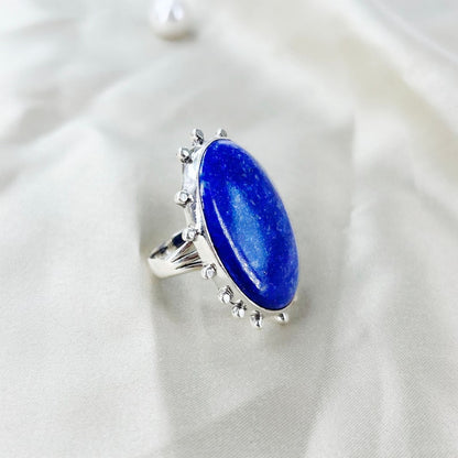 925 Sterling Silver Lapis Lazuli Gemstone Boho Statement Ring For Women