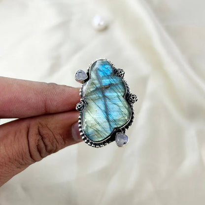 925 Sterling Silver Labradorite and Moonstone Gemstone Designer Statement Ring