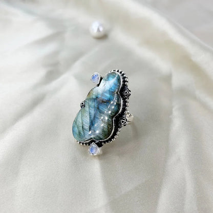 925 Sterling Silver Labradorite and Moonstone Gemstone Designer Statement Ring