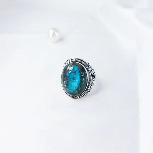 Natural Labradorite Gemstone Ring in 925 Sterling Silver