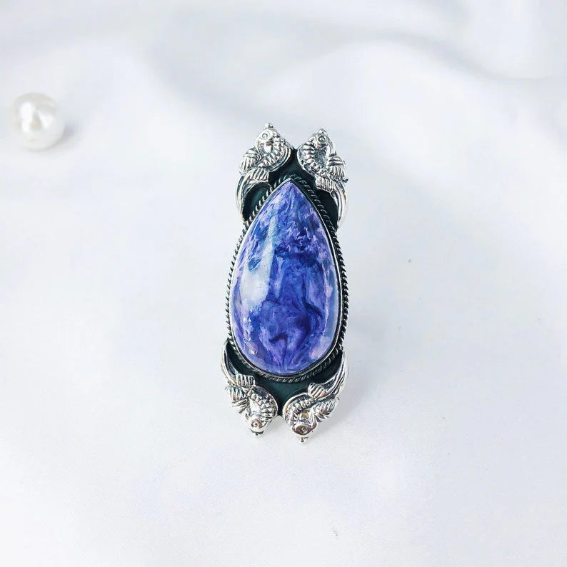 Solid 925 Sterling Silver Unique Charoite Gemstone Women's Ring