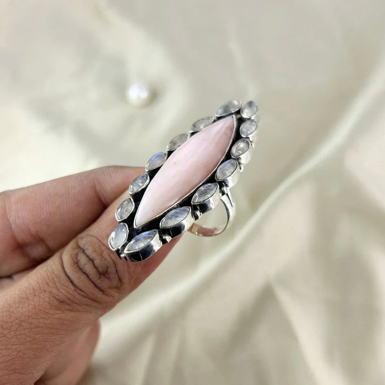 Natural Pink Opal and Moonstone Statement 925 Sterling Silver Ring Gift For Her