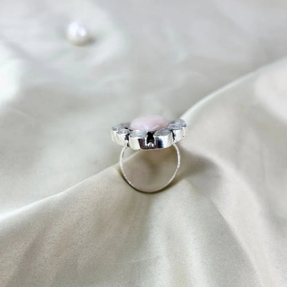 Natural Pink Opal and Moonstone Statement 925 Sterling Silver Ring Gift For Her