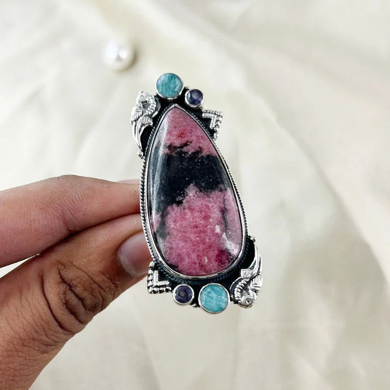 Natural Rhodonite, Amethyst and Amazonite Gemstone Boho Ring