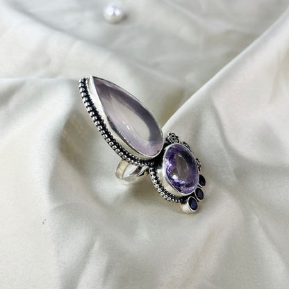 Natural Rose Quartz and Amethyst Sterling Silver&nbsp;Big Gemstone Statement Ring