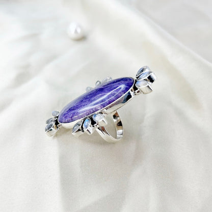 Charoite Gemstone Ring Rainbow Moonstone Gemstone 925 Sterling Silver Women's Statement Ring