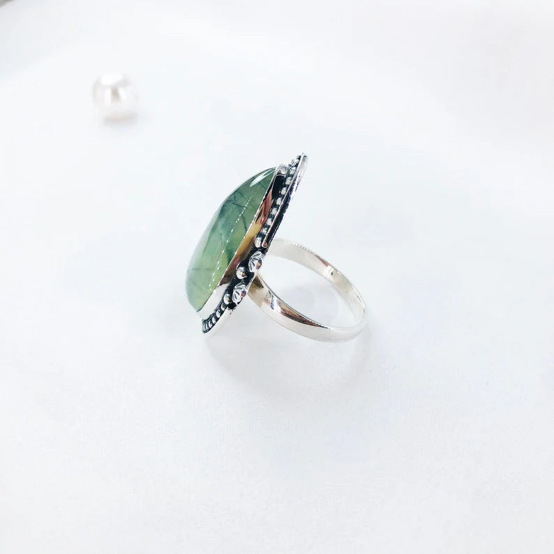 Natural Prehnite Gemstone 925 Sterling Silver Ring Women Statement Ring