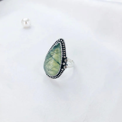 Natural Prehnite Gemstone 925 Sterling Silver Ring Women Statement Ring