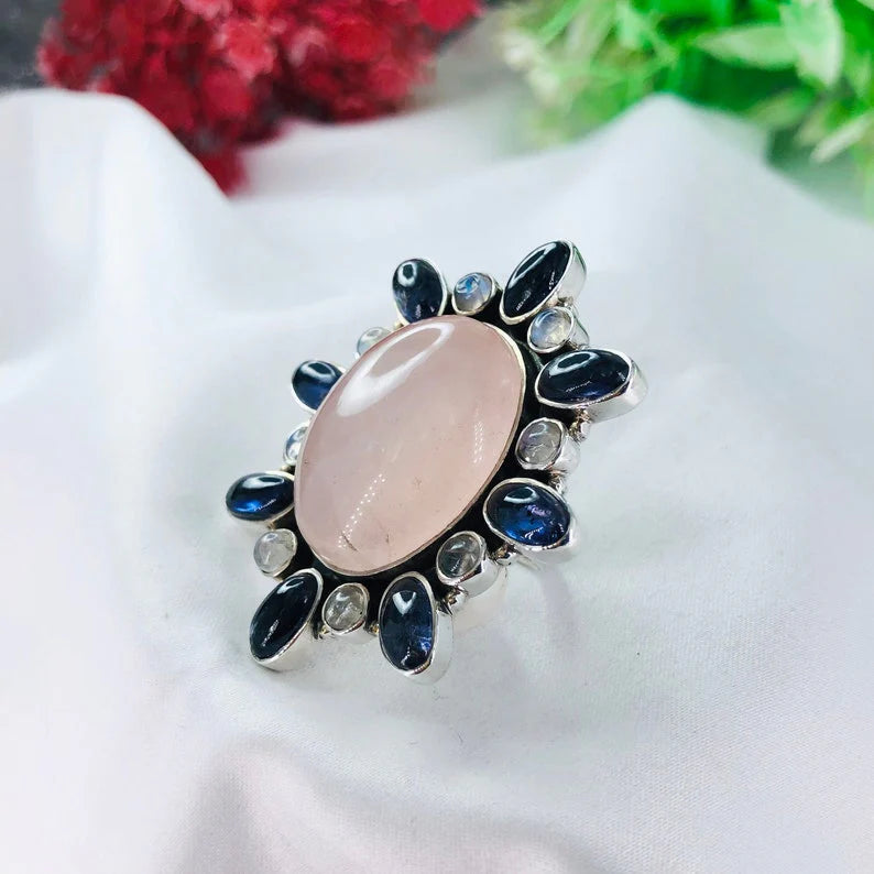 Natural Rose Quartz Gemstone 925 Sterling Silver Women Statement Ring Gift For Her