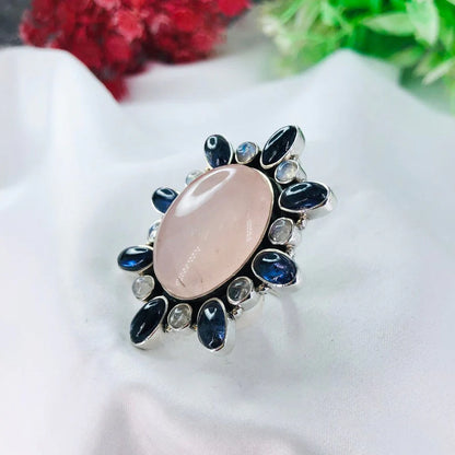 Natural Rose Quartz Gemstone 925 Sterling Silver Women Statement Ring Gift For Her