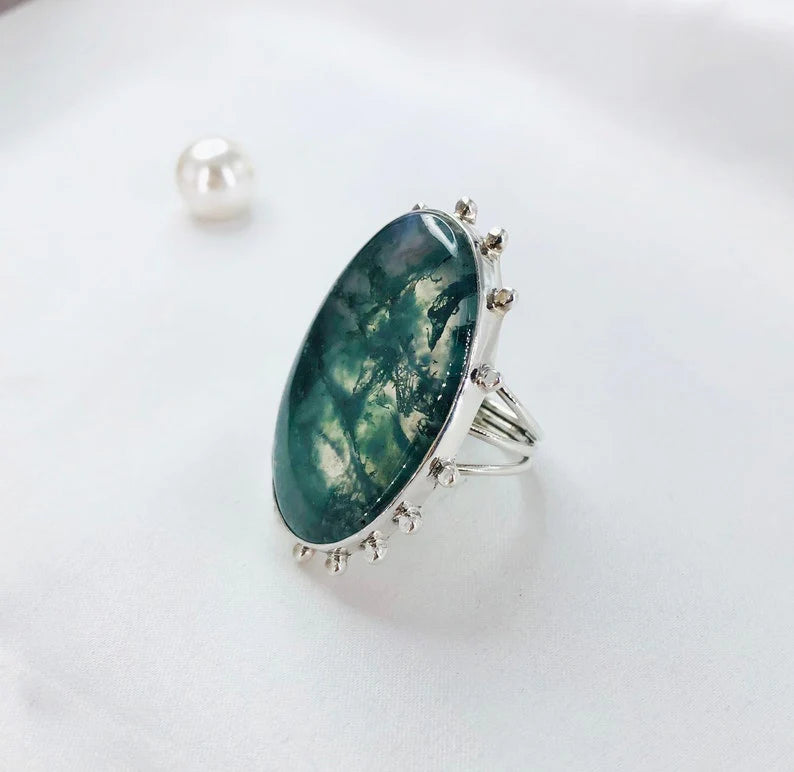 925 Sterling Silver Green Moss Agate Gemstone Statement Ring Anniversary Gift For Her