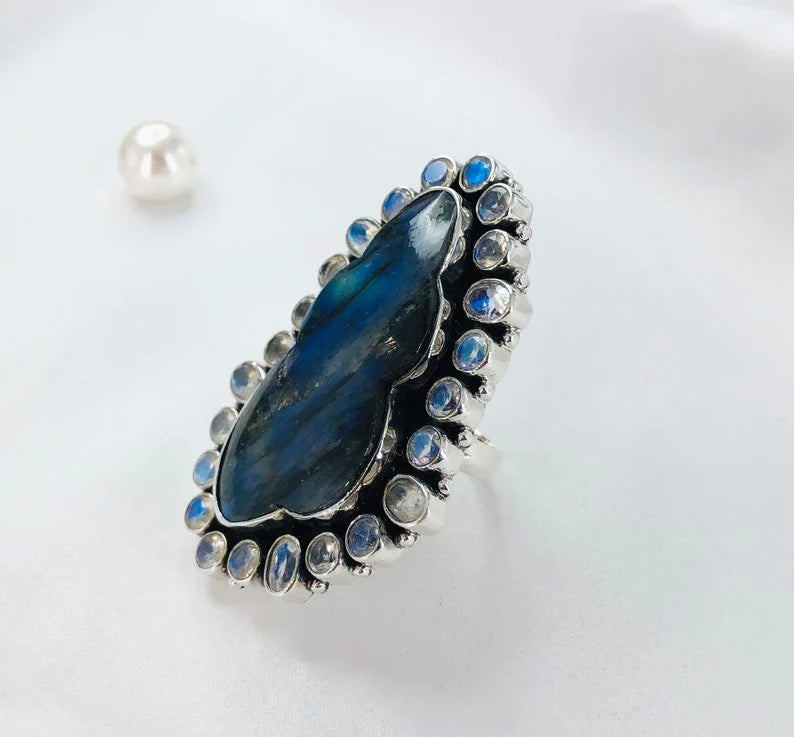 Blue Fire Labradorite Gemstone Statement Ring Sterling Silver Rainbow Moonstone Ring For Women