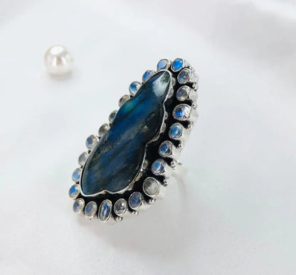 Blue Fire Labradorite Gemstone Statement Ring Sterling Silver Rainbow Moonstone Ring For Women