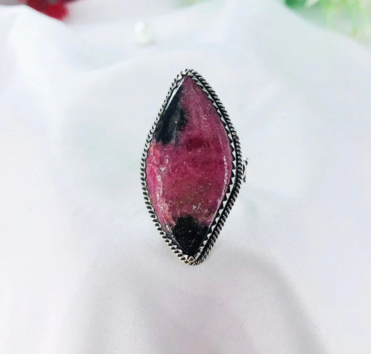 925 Sterling Silver Natural Rhodonite Gemstone Statement Ring Gift For Her