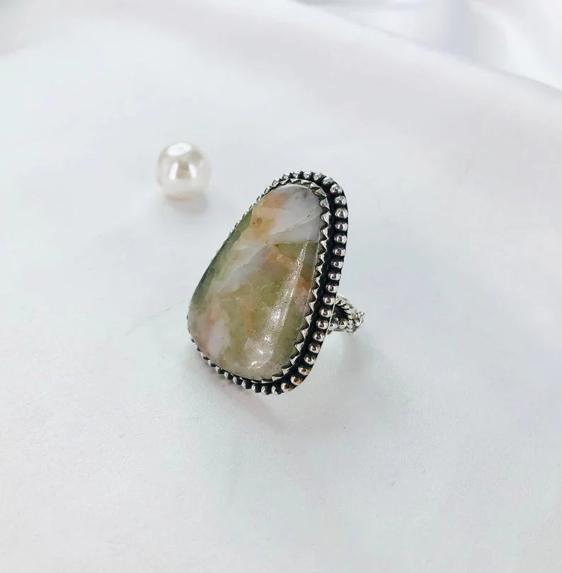 Natural Prehnite Gemstone 925 Sterling Silver Boho Ring For Women's