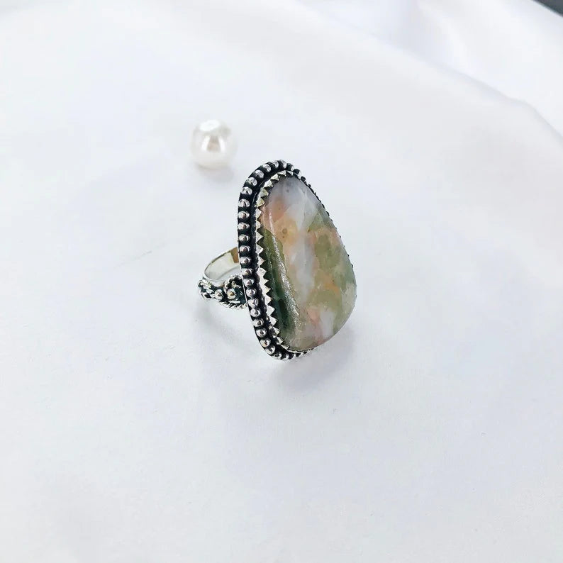 Natural Prehnite Gemstone 925 Sterling Silver Boho Ring For Women's