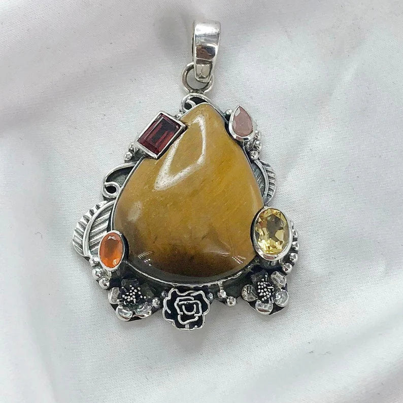 Multi Gemstone Pendant 925 Sterling Silver Tiger Eye Gemstone Women's Pendant