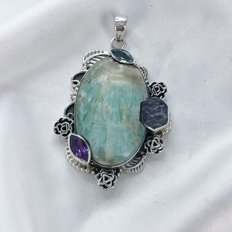 Natural Amazonite Gemstone 925 Sterling Silver Pendant Multi Stone Statement Pendant