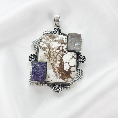 Multi Stone Pendant Wild Horse Gemstone 925 Sterling Silver Pendant Necklace