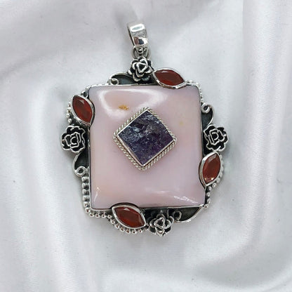 925 Sterling Silver Pink Opal Pendant Carnelian and Amethyst Gemstone Statement Pendant Gift For Her